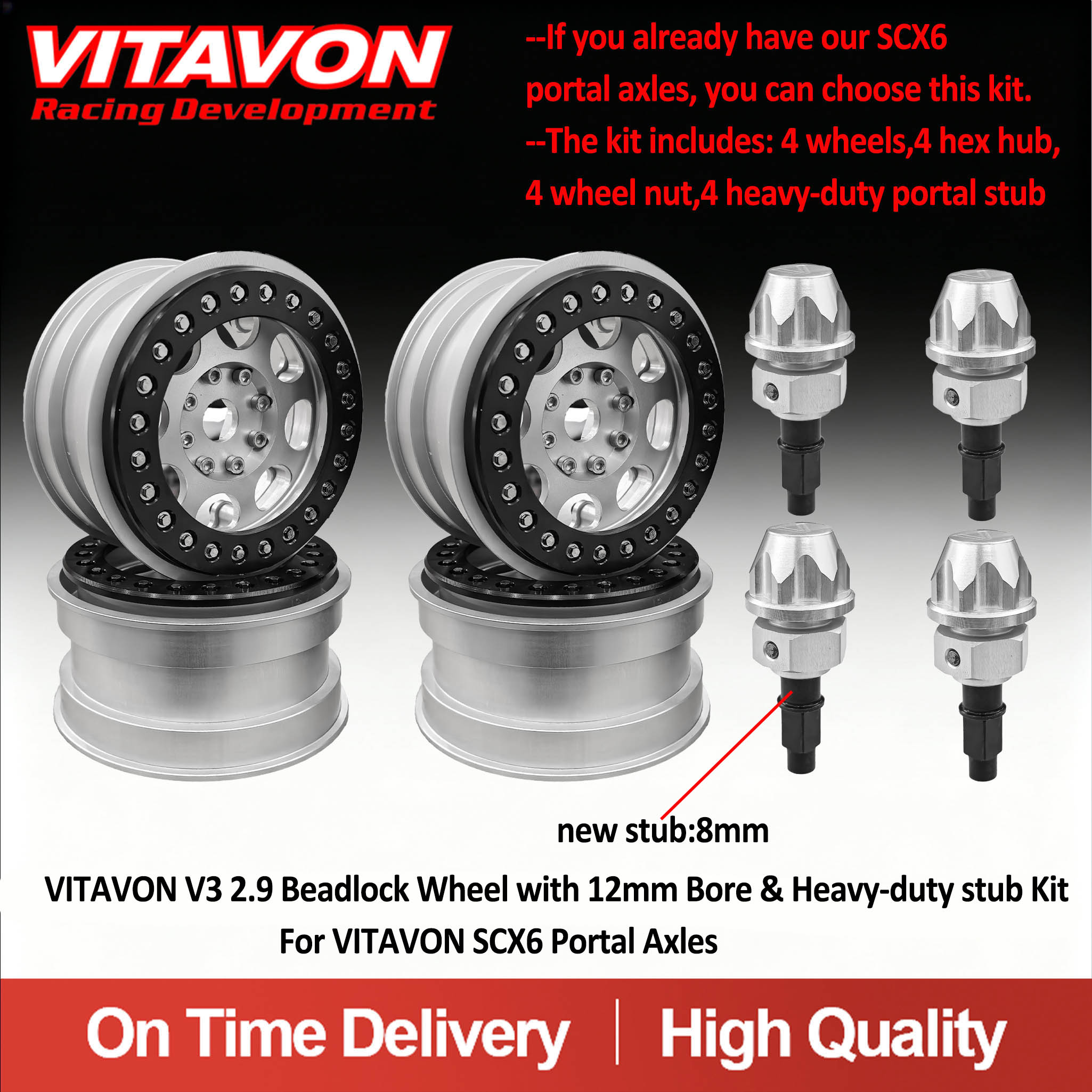VITAVON 2.9 Tire/wheels 12mm Bore & 8mm Heavy Duty Stub For VITAVON SCX6 Portal Axle