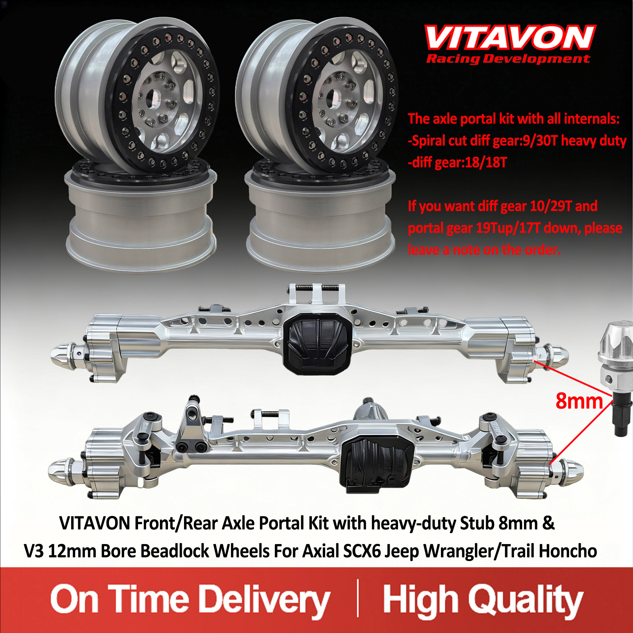 VITAVON Front/Rear Axle Portal Kit with V3 12mm Bore wheel & Heavy-duty 8mm Stub For SCX6 Jeep / Honcho