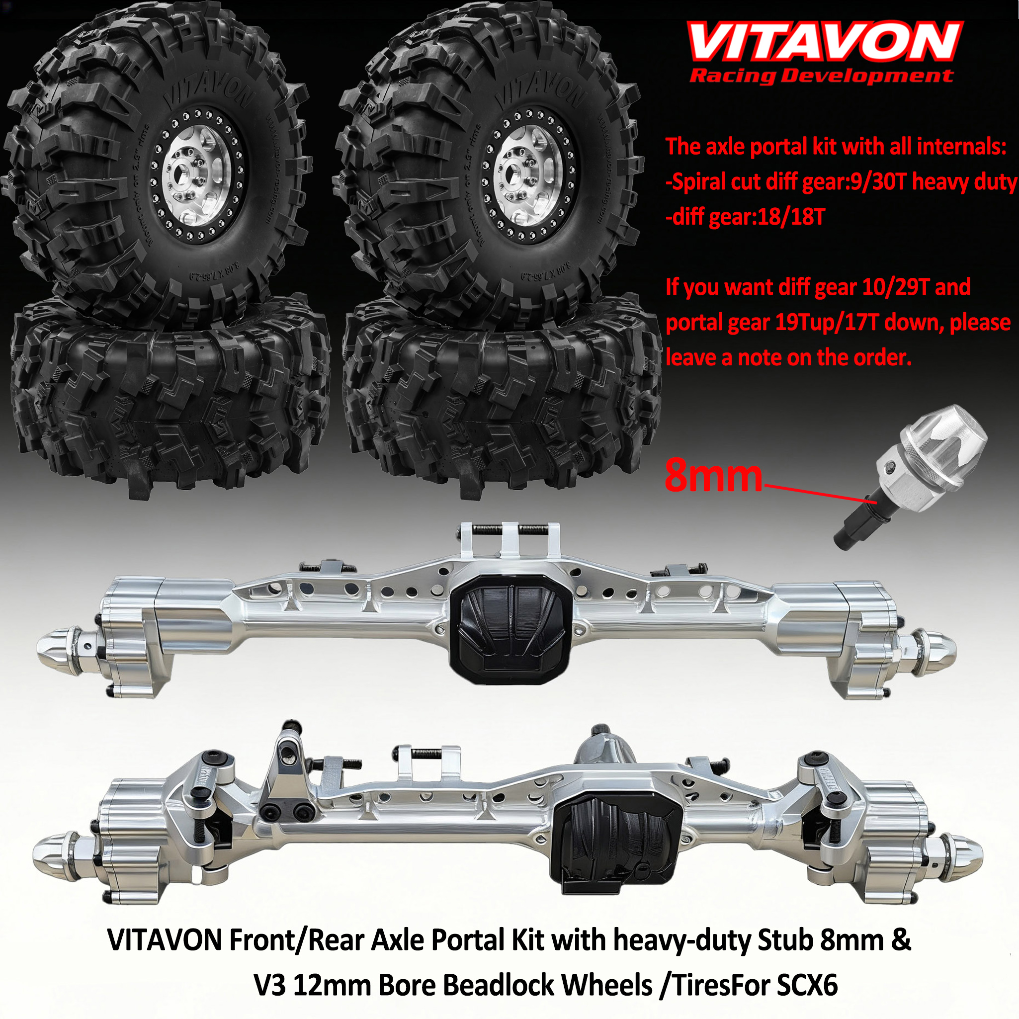 VITAVON Front/Rear Axle Portal Kit with V3 12mm Bore wheel & Heavy-duty 8mm Stub For SCX6 Jeep / Honcho