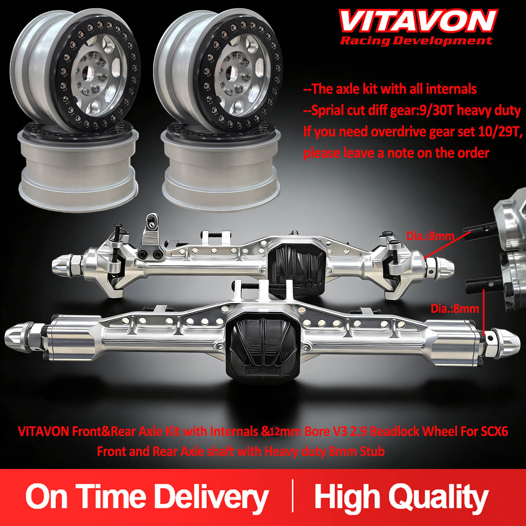 VITAVON Front&Rear Axle Kit with Internals & 12mm Bore V3 2.9 Beadlock Wheel For SCX6  Jeep / Honcho