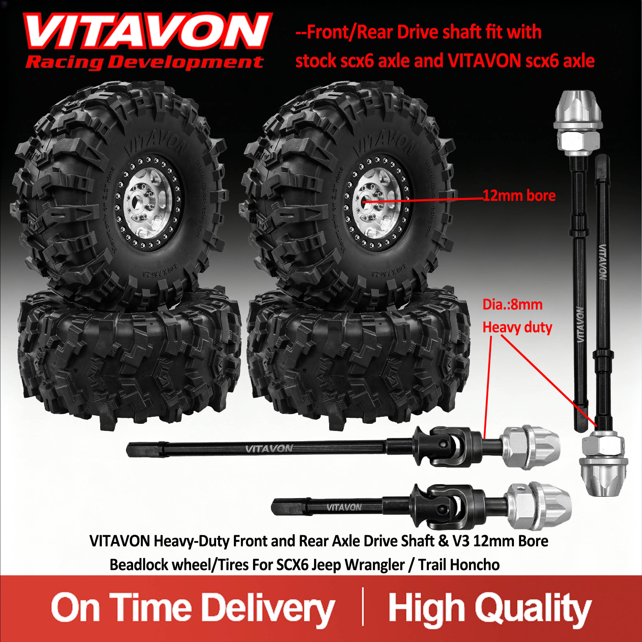 VITAVON Heavy-Duty Front and Rear 8mm Axle Drive Shaft & V3 12mm Bore Beadlock wheel/Tires For SCX6 Jeep Wrangler / Trail Honcho