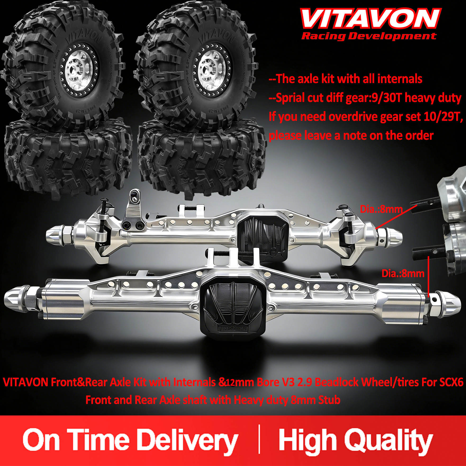 VITAVON Front&Rear Axle Kit with Internals & 12mm Bore V3 2.9 Beadlock Wheel For SCX6  Jeep / Honcho