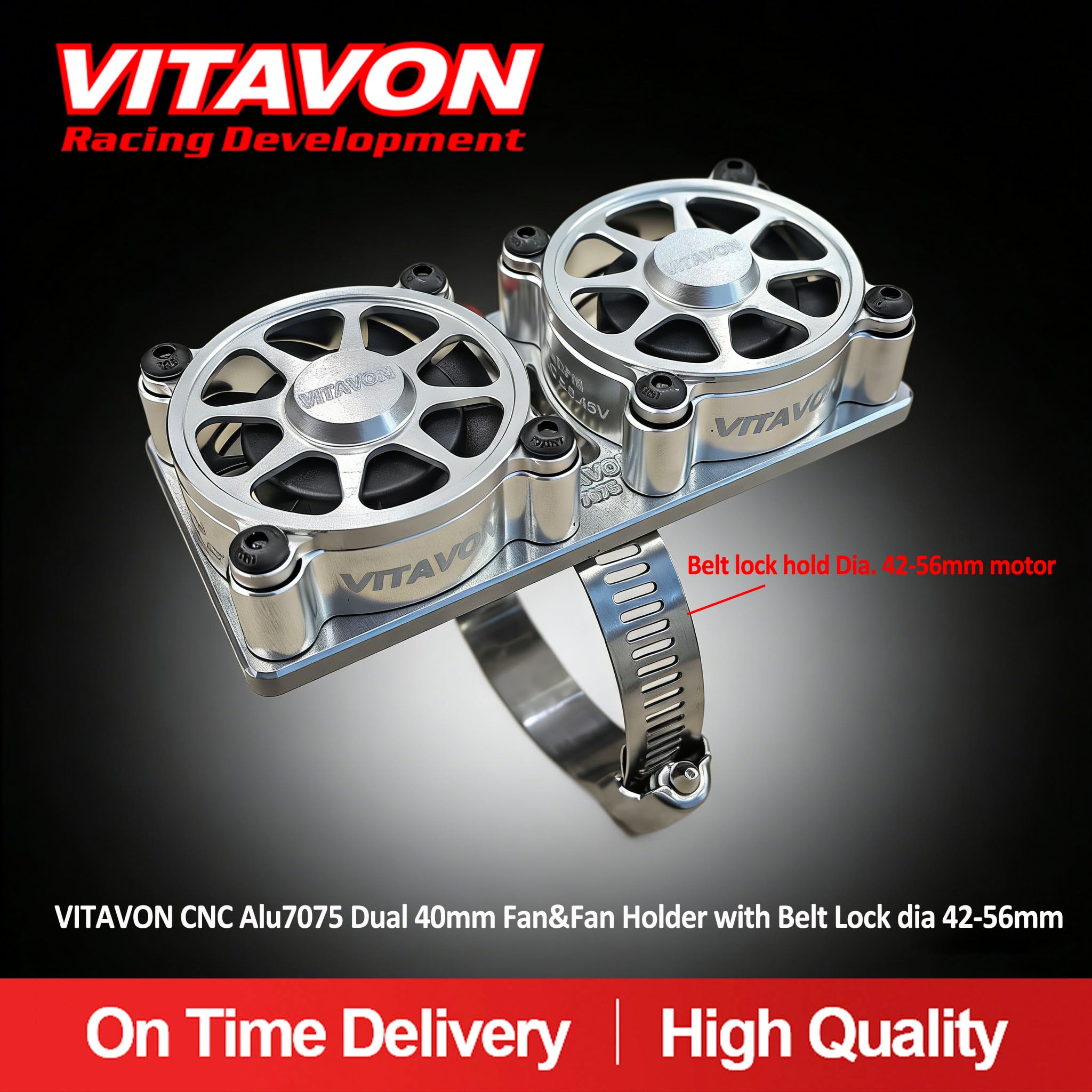 VITAVON CNC Alu7075 Dual 40mm Fan Holder & Belt Lock dia 42-56mm with 40mm Fan&Fan cover