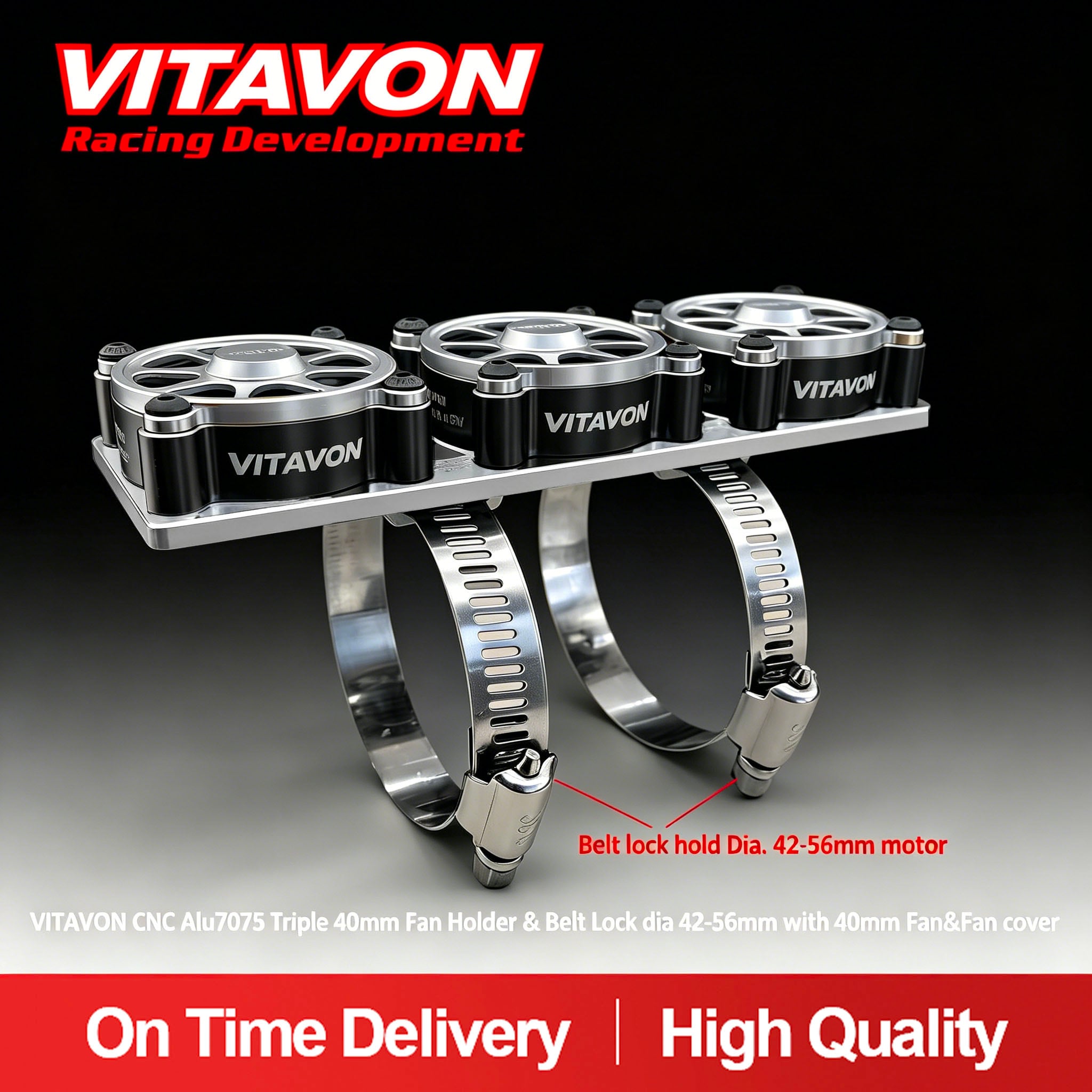 VITAVON CNC Alu7075 Triple 40mm Fan Holder & Belt Lock dia 42-56mm with 40mm Fan&Fan cover