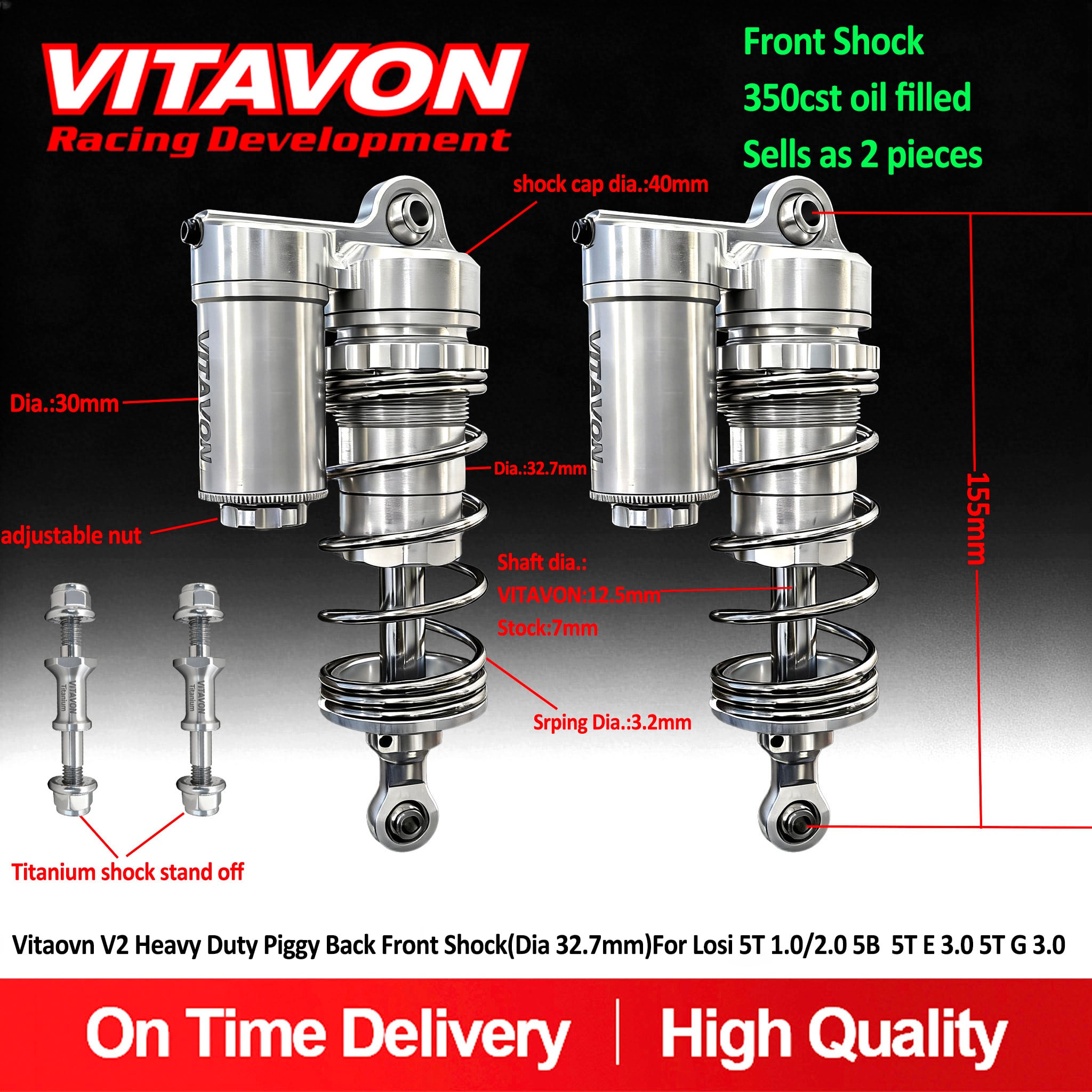 Vitaovn CNC Alu7075 V2 Heavy Duty Piggy Back Front Or Rear Shock(Dia 32.7mm)For Losi 5ive T 5T 1.0/2.0 5ive B 1/5 5T E 3.0 5ive-T G 3.0