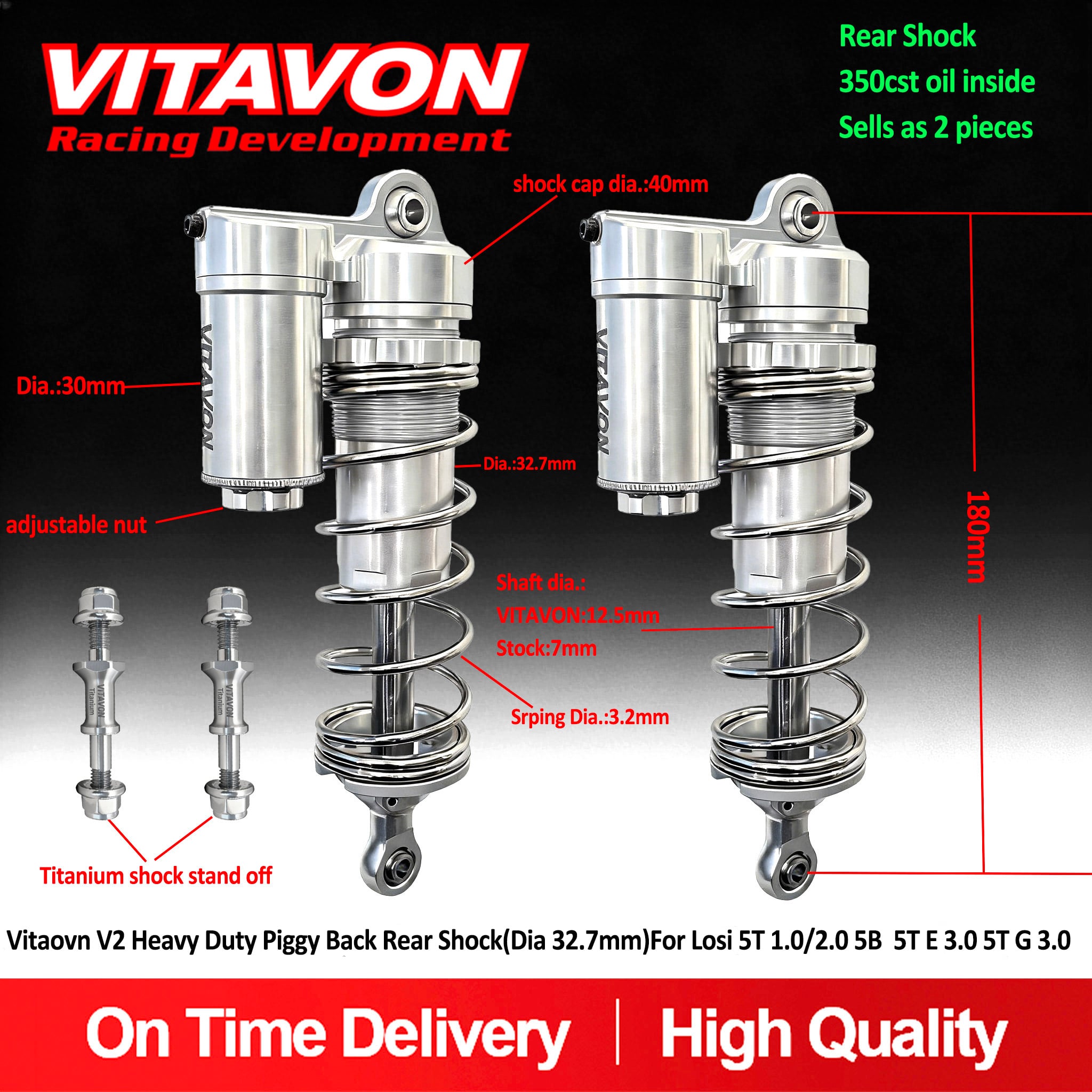 Vitaovn CNC Alu7075 V2 Heavy Duty Piggy Back Front Or Rear Shock(Dia 32.7mm)For Losi 5ive T 5T 1.0/2.0 5ive B 1/5 5T E 3.0 5ive-T G 3.0