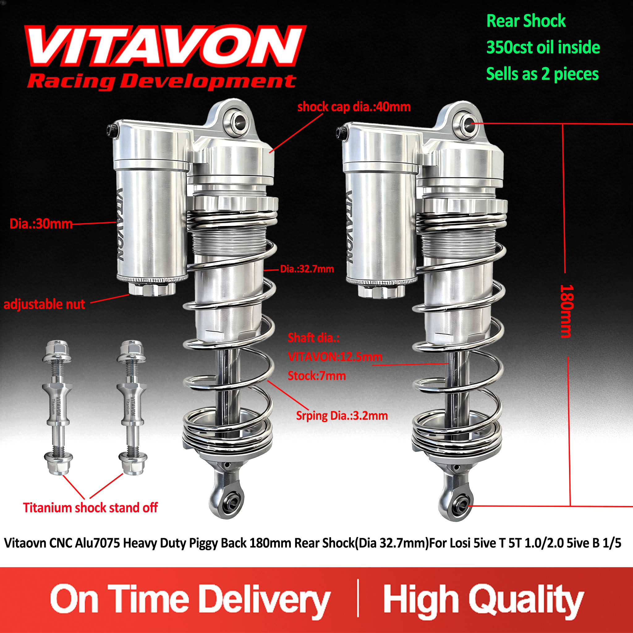 Vitaovn CNC Alu7075 V2 Heavy Duty Piggy Back Front Or Rear Shock(Dia 32.7mm)For Losi 5ive T 5T 1.0/2.0 5ive B 1/5