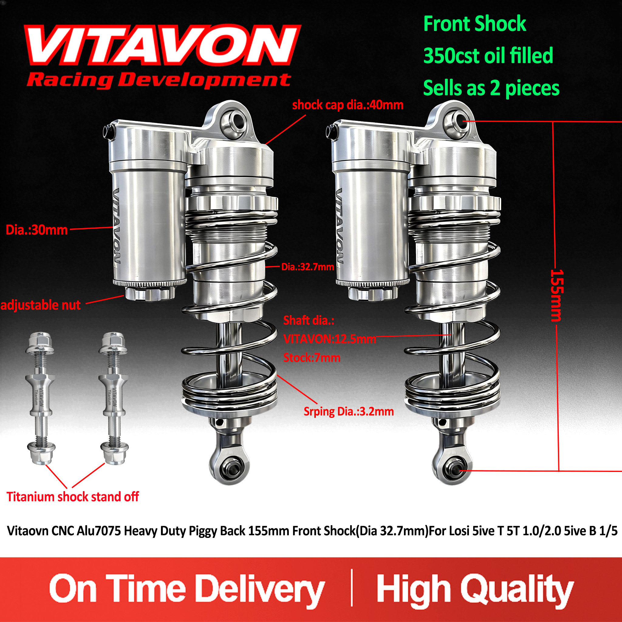 Vitaovn CNC Alu7075 V2 Heavy Duty Piggy Back Front Or Rear Shock(Dia 32.7mm)For Losi 5ive T 5T 1.0/2.0 5ive B 1/5