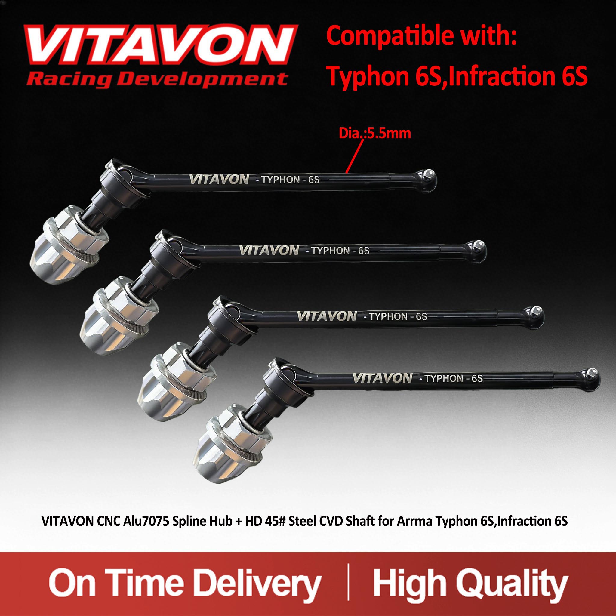 VITAVON CNC Alu7075 Spline Hub + HD 45# Steel CVD Shaft for Arrma Typhon 6S Infraction 6S