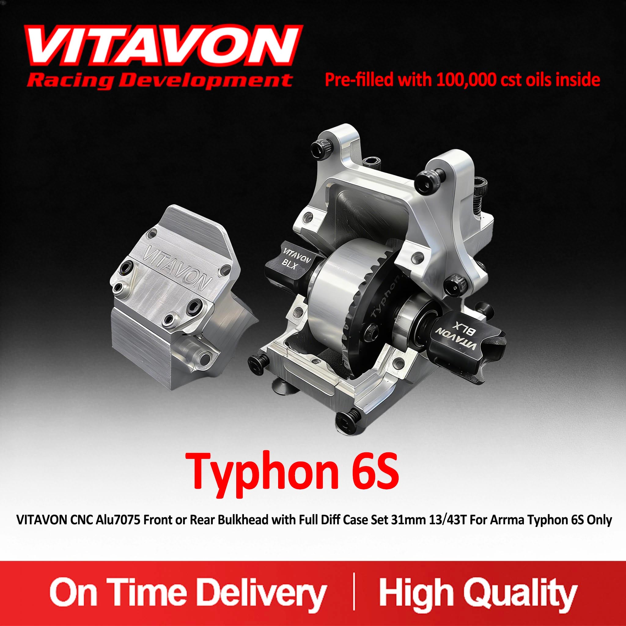 VITAVON CNC Alu7075 Front or Rear Bulkhead with Full Diff Case Set 31mm 13/43T For Arrma Typhon 6S Only