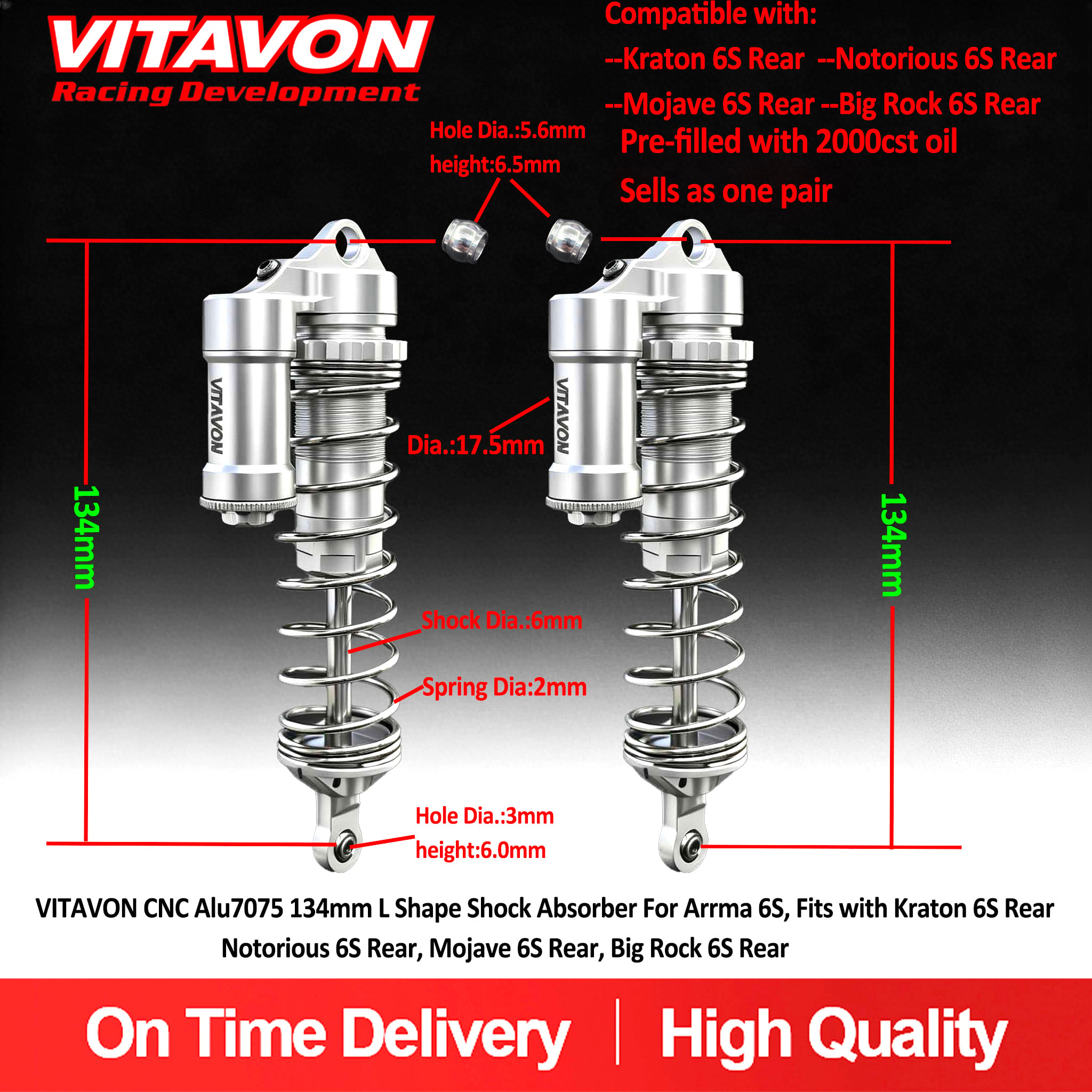VITAVON CNC Alu7075 134mm L Shape Shock Absorber For Arrma 6S, Fits with Kraton 6S Rear,Notorious 6S Rear, Mojave 6S Rear, Big Rock 6S Rear