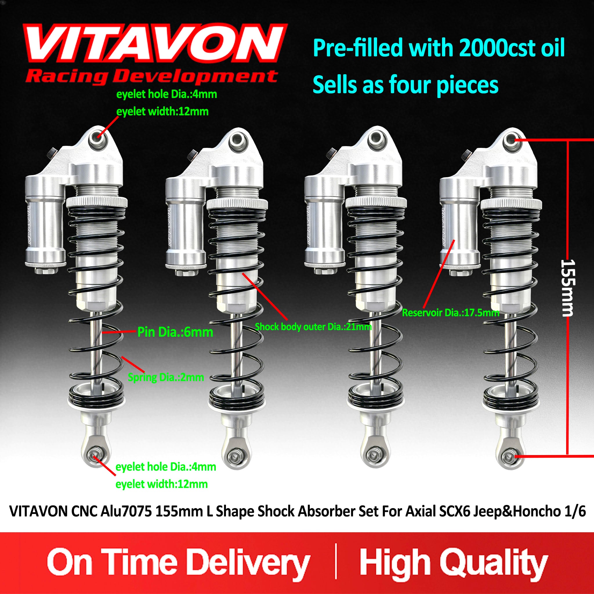 VITAVON CNC Alu7075 155mm L Shape Shock Absorber Set For Axial SCX6 Jeep&Honcho 1/6