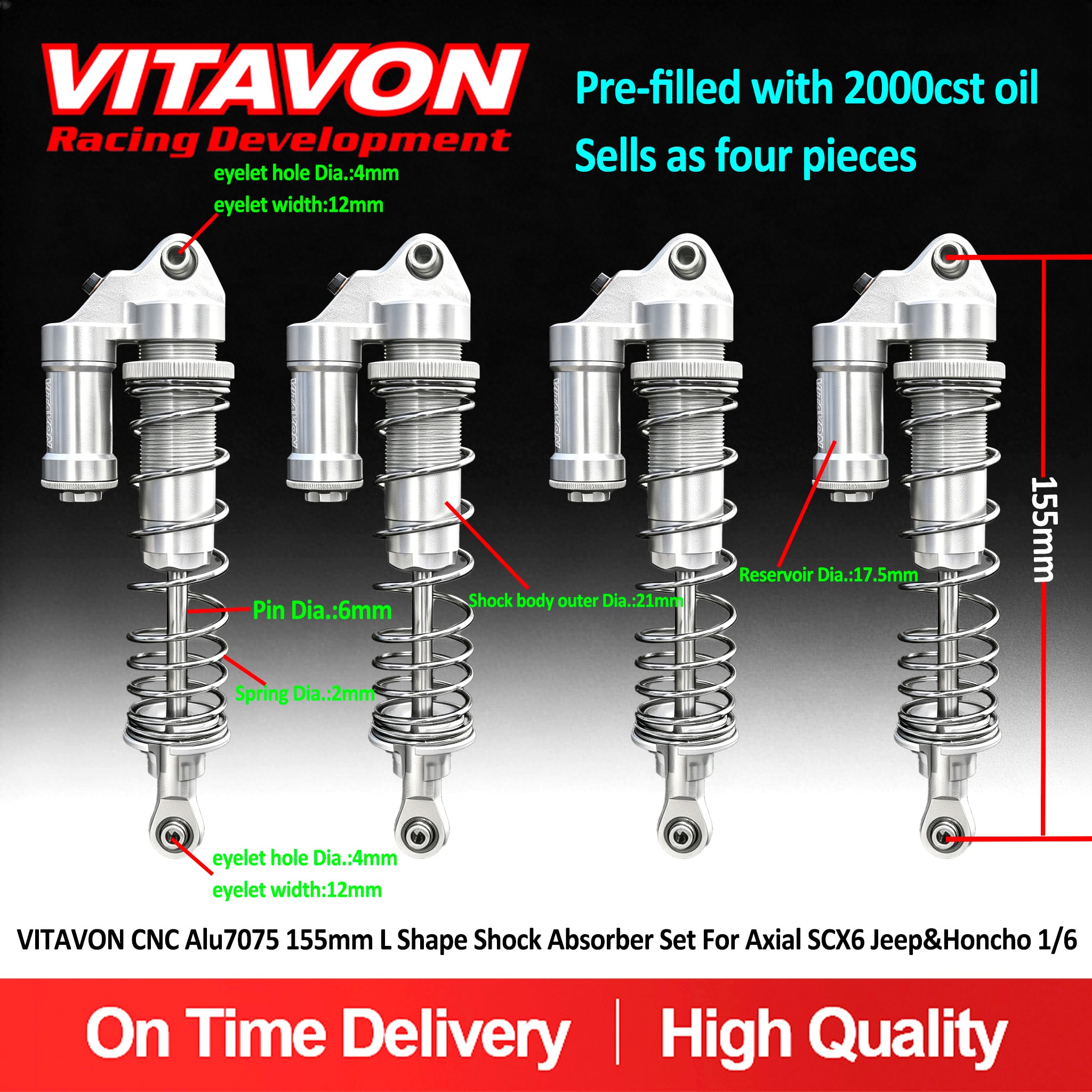 VITAVON CNC Alu7075 155mm L Shape Shock Absorber Set For Axial SCX6 Jeep&Honcho 1/6