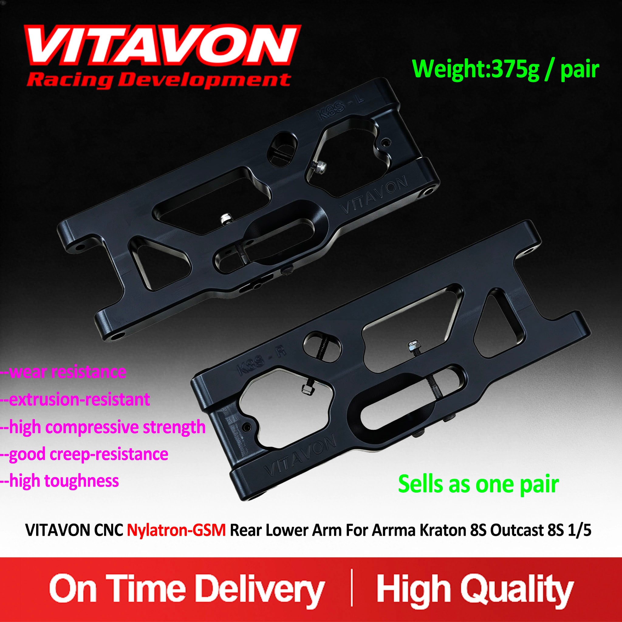 VITAVON CNC Nylatron‑GSM Rear Lower Arm for Arrma Kraton 8S / Outcast 8S 1/5