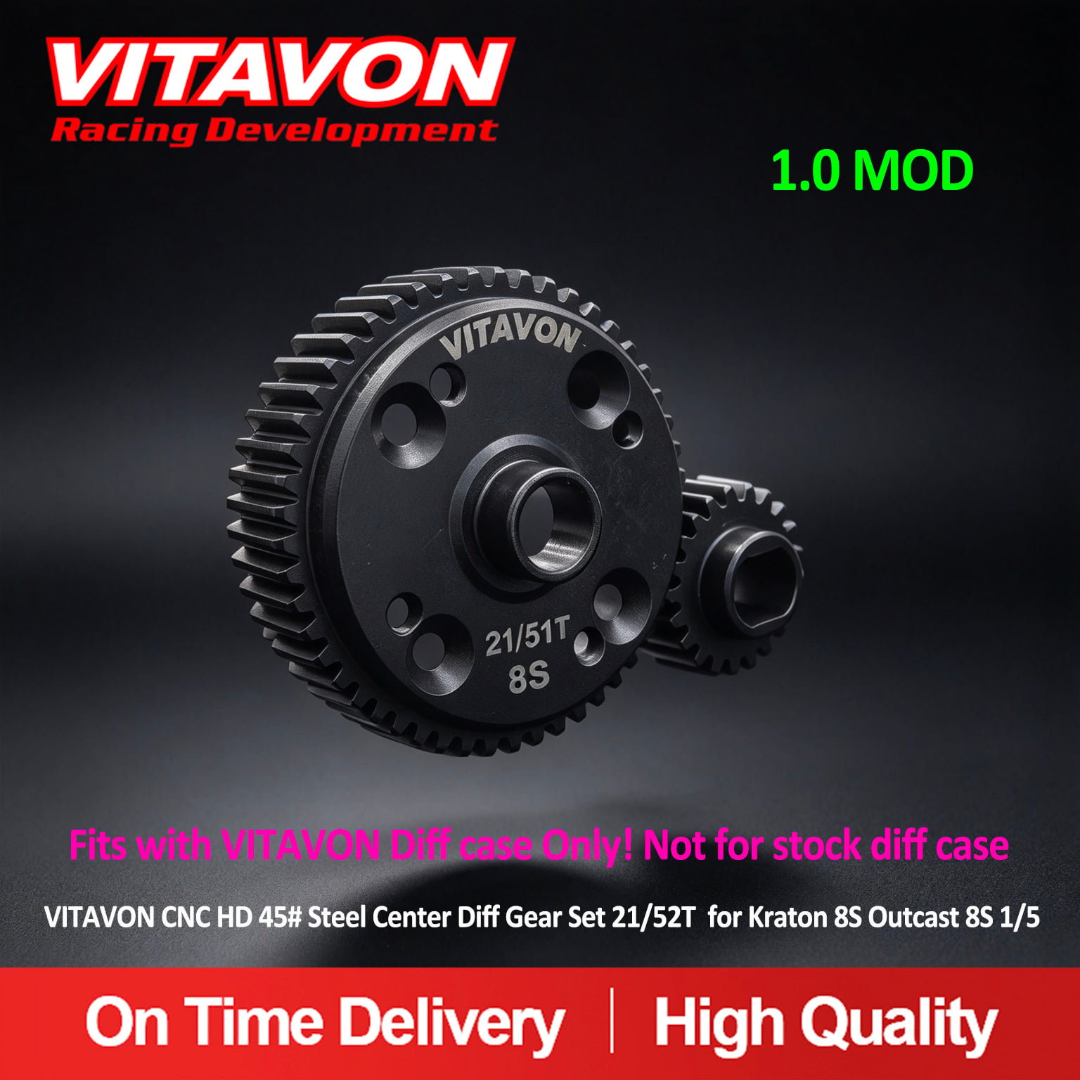 VITAVON CNC HD 45# Steel Center Diff Gear Set 21/52T Fits with VITAVON Diff Case For Kraton 8S Outcast 8S 1/5