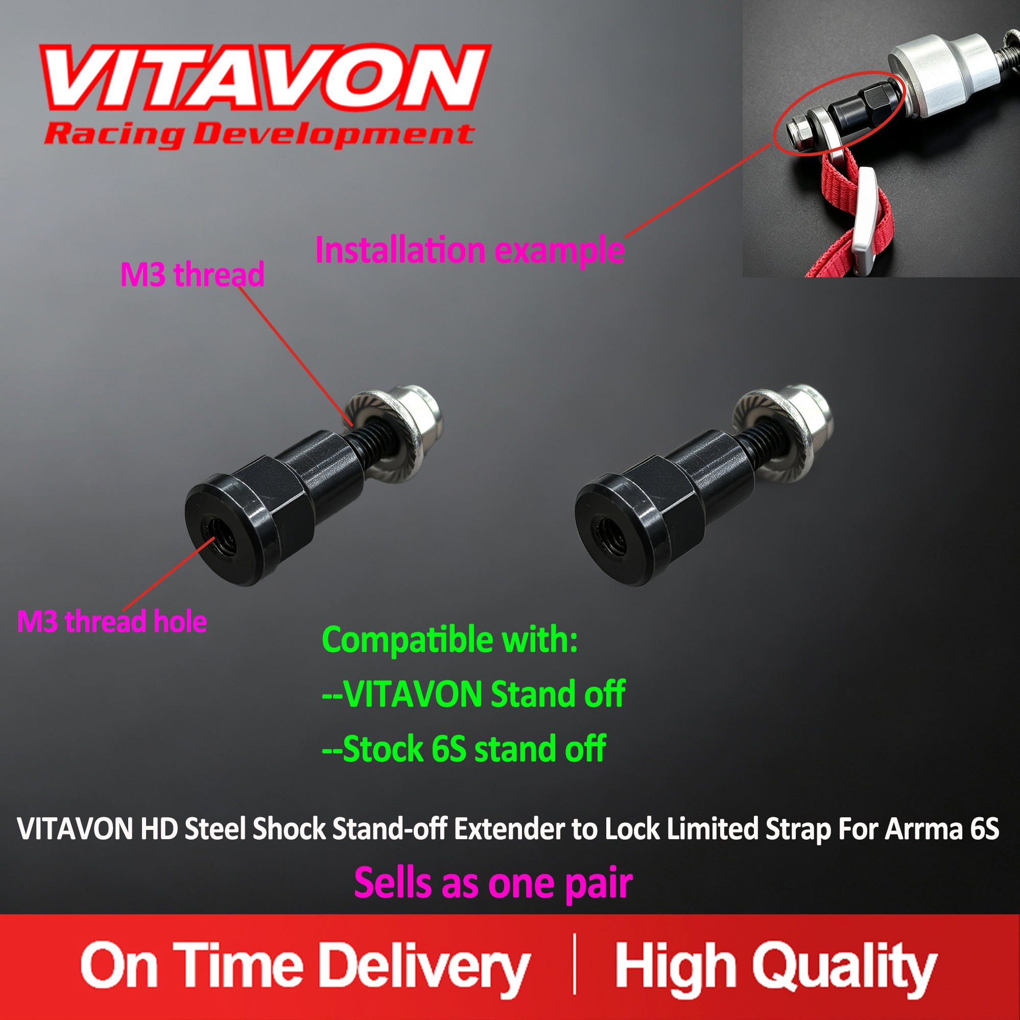 VITAVON HD Steel Shock Stand-off Extender to Lock Limited Strap For Arrma 6S