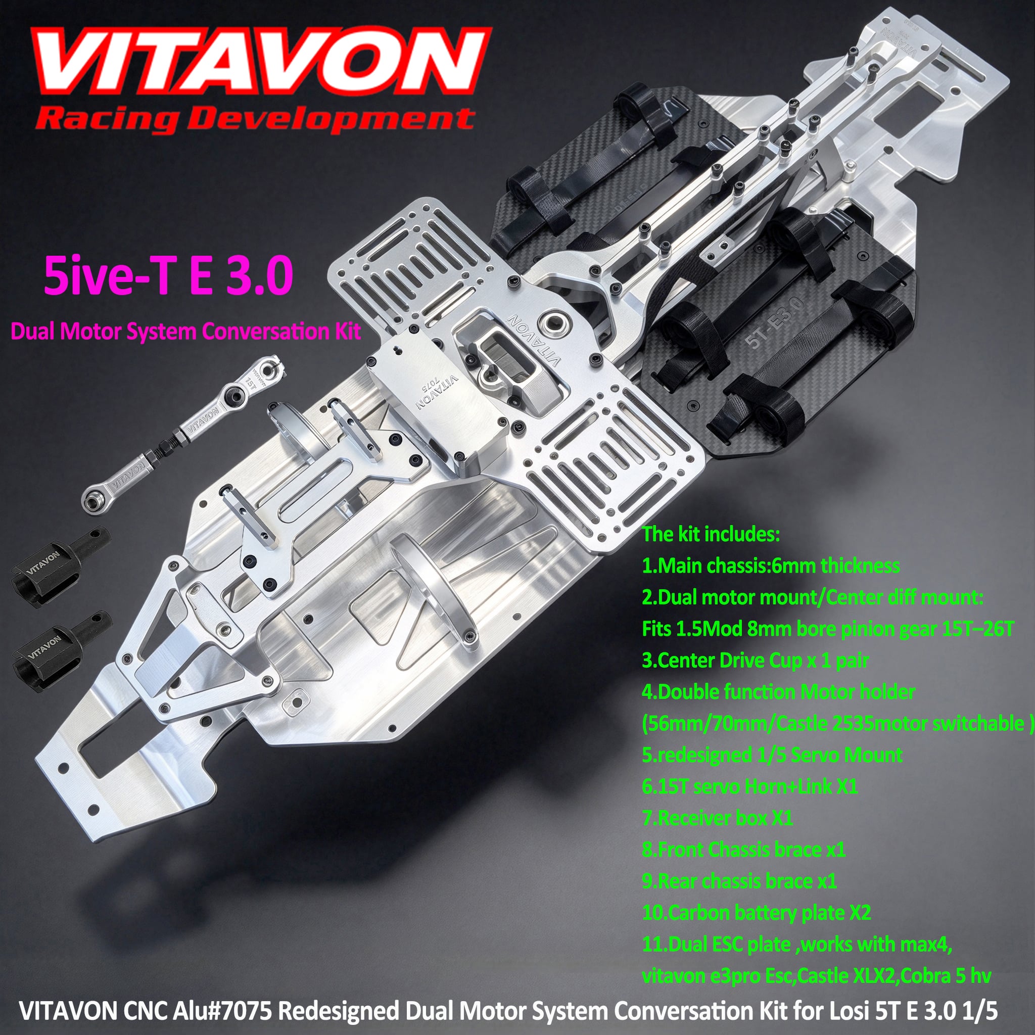 VITAVON CNC Alu#7075 Redesigned Dual Motor System Conversation Kit for Losi 5T E 3.0 1/5